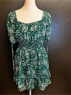 Green Floral Square-Neck Smocked Mini Dress